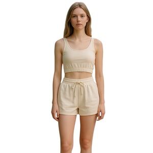 Cream Co-Ord Crop Top Elastic Waist Shorts SMALL 2pc Set Loungewear Casual Cute